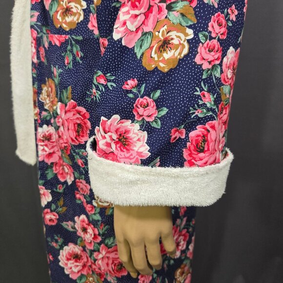 Vintage Diamond Tea Floral Cotton Robe Size L Terry Lined Navy Blue Pink - Picture 8 of 11